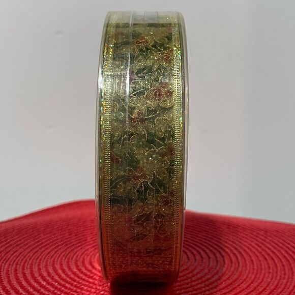Members Mark Wired Ribbon Gold with Holly 55 yards NWT - Picture 2 of 4
